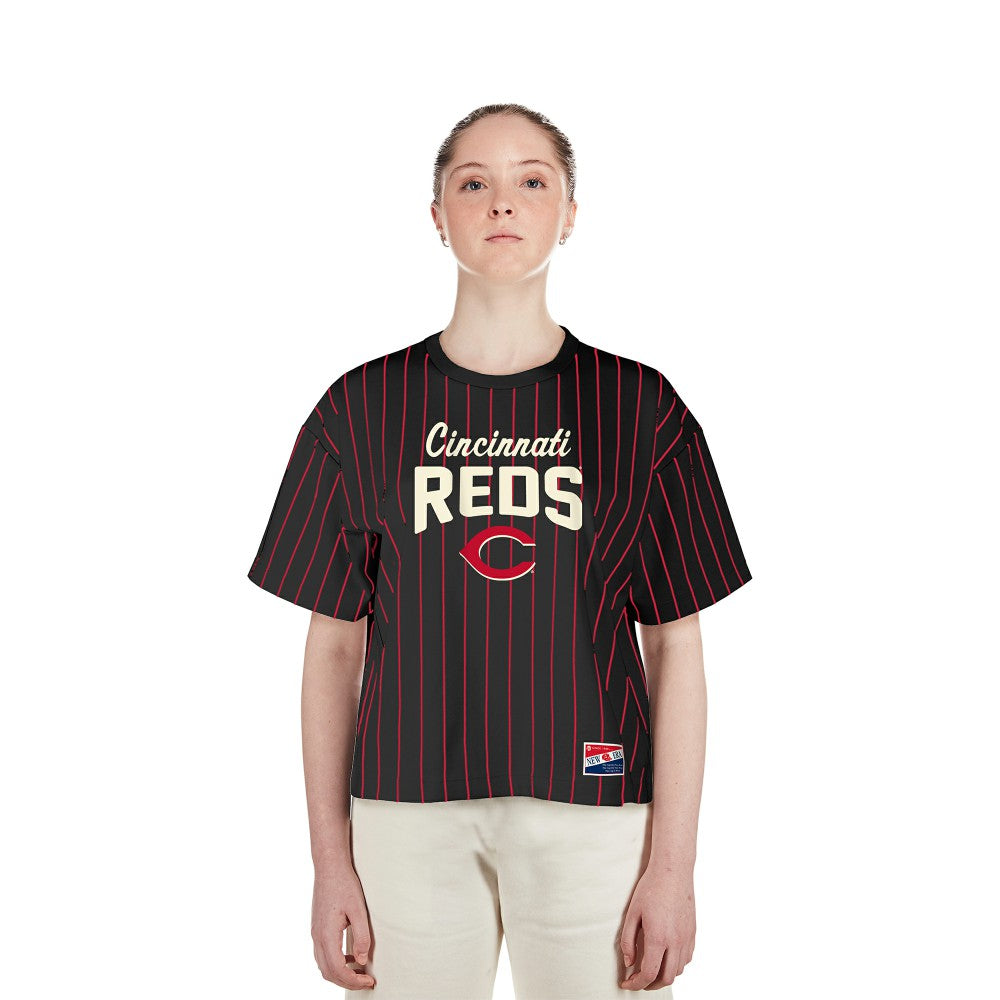 Cincinnati Reds New Era Women's Cooperstown Collection Multiplier Pinstripe Cropped T-Shirt - MLB
