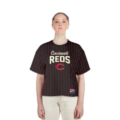 Cincinnati Reds New Era Women's Cooperstown Collection Multiplier Pinstripe Cropped T-Shirt - MLB