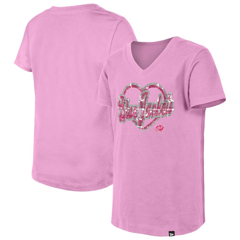 Columbus Blue Jackets New Era Girl's Youth Flip Sequin V-Neck T-Shirt - Pink - NHL