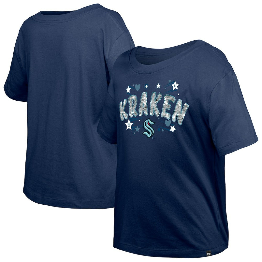 Seattle Kraken New Era Girl's Youth Flip Sequin T-Shirt - Deep Sea Blue - NHL
