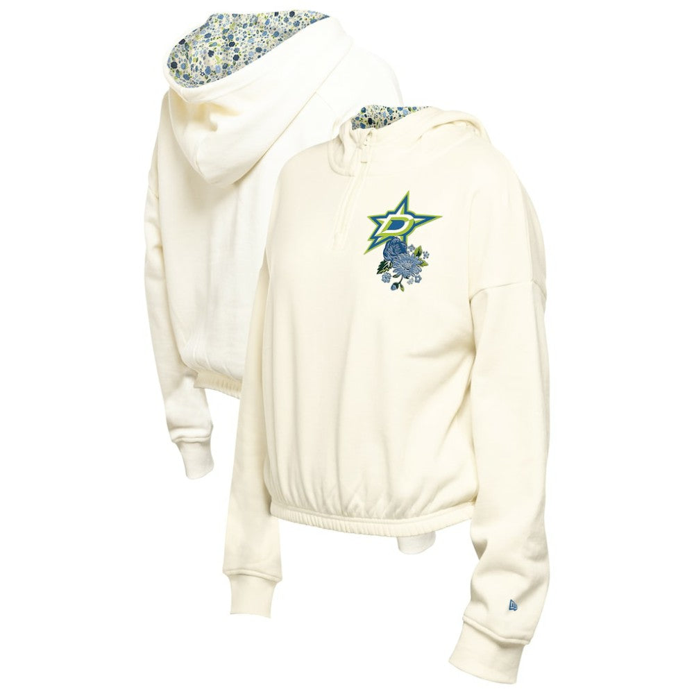 Dallas Stars New Era Women's Glam Game Quarter-Zip Cropped Floral Hoodie Pullover - Cream - NHL