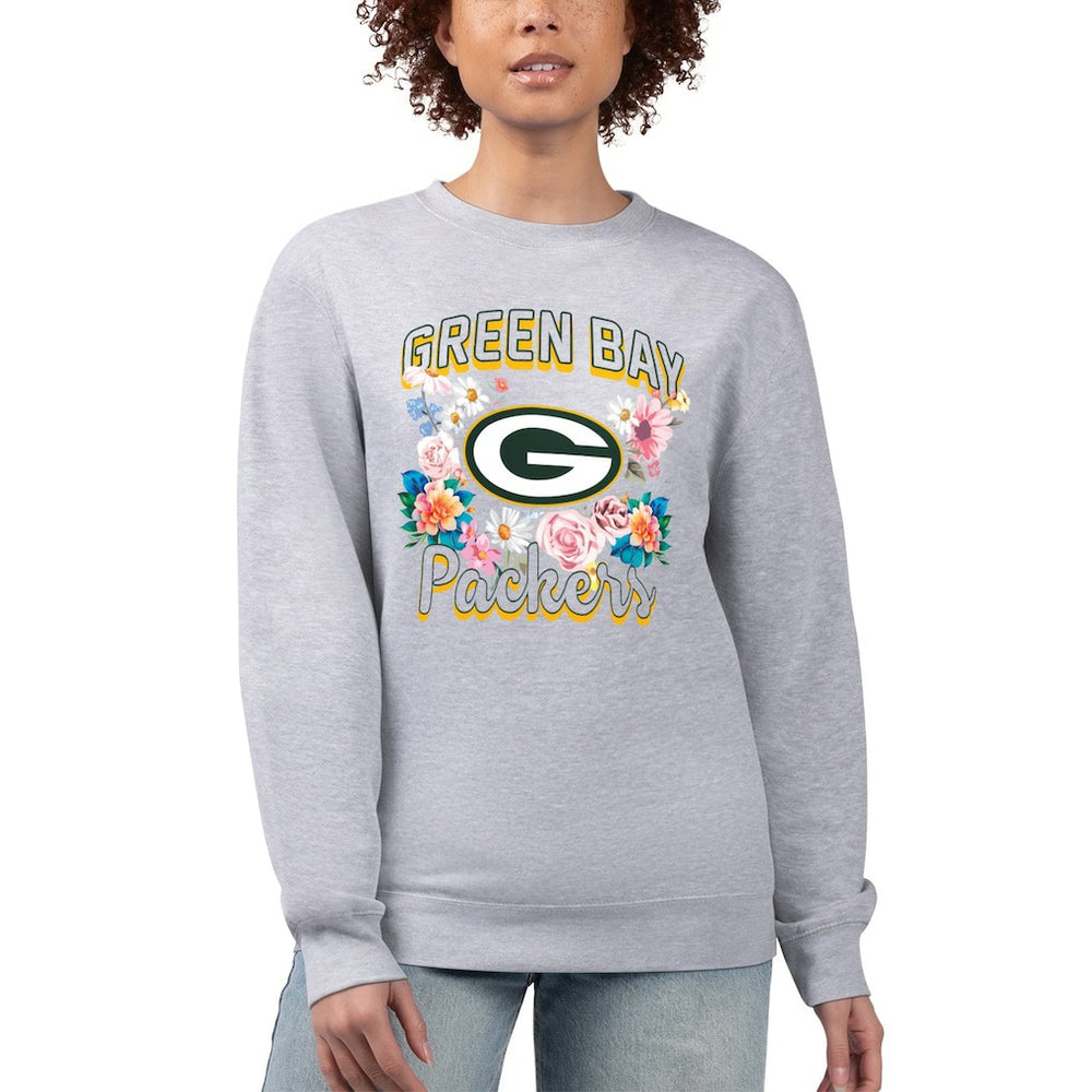 Green Bay Packers G-III 4Her by Carl Banks Women's Flower Logo Graphic Fleece Pullover Sweatshirt Heather Gray | NFL