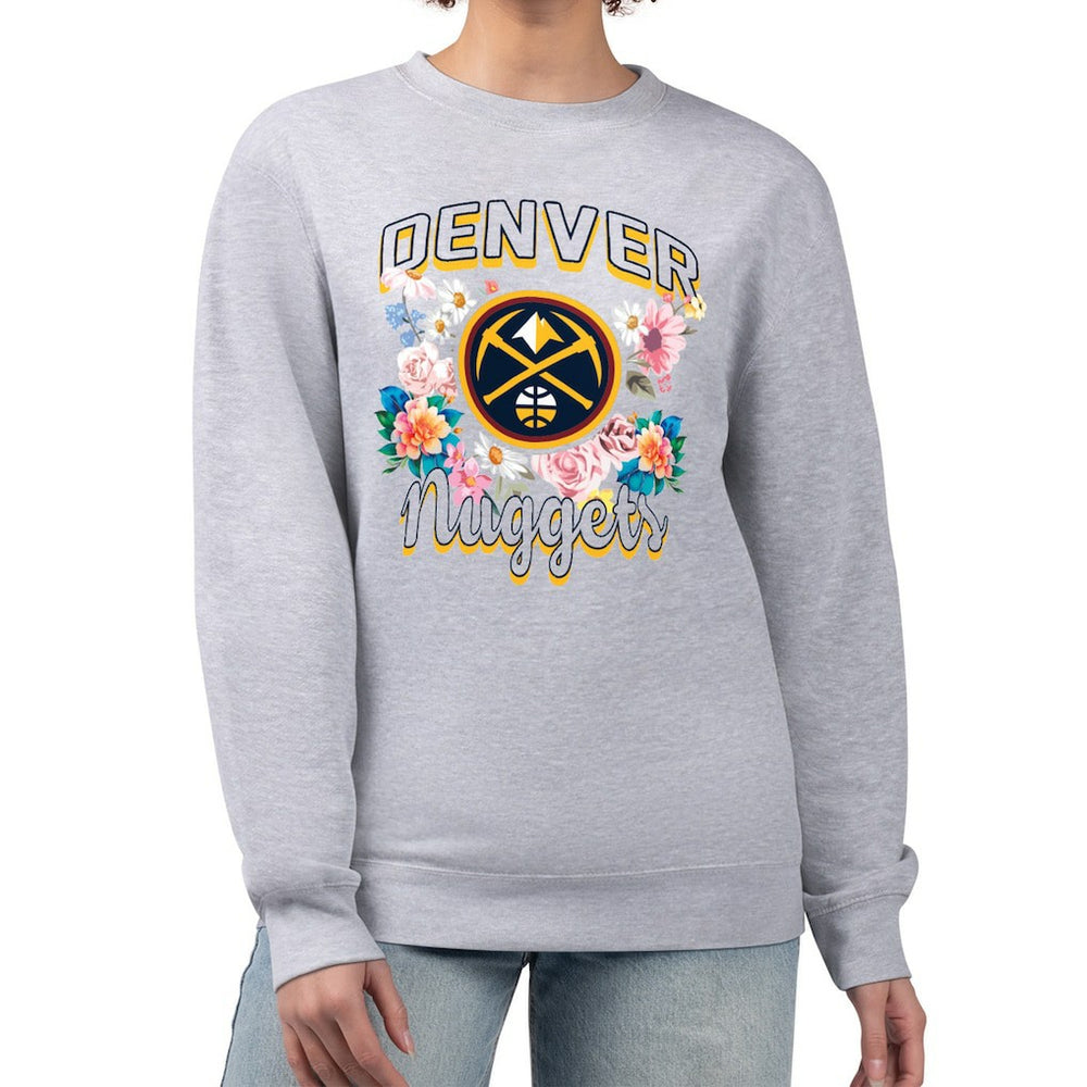 Denver Nuggets G-III 4Her by Carl Banks Women's Flowers Team Logo Graphic Fleece Crewneck Pullover Sweatshirt Heather Gray - NBA