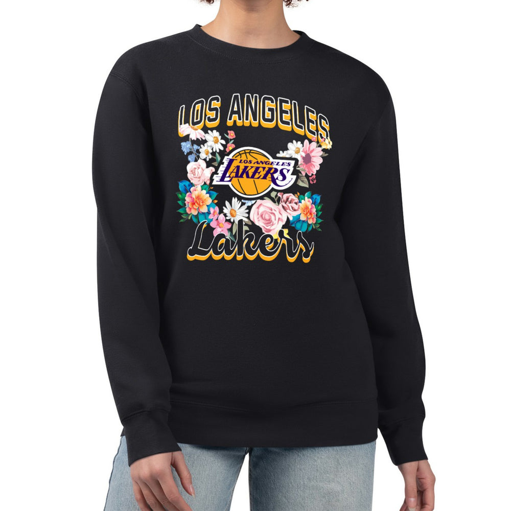 Los Angeles Lakers G-III 4Her by Carl Banks Women's Flowers Team Logo Graphic Fleece Crewneck Pullover Sweatshirt Black - NBA
