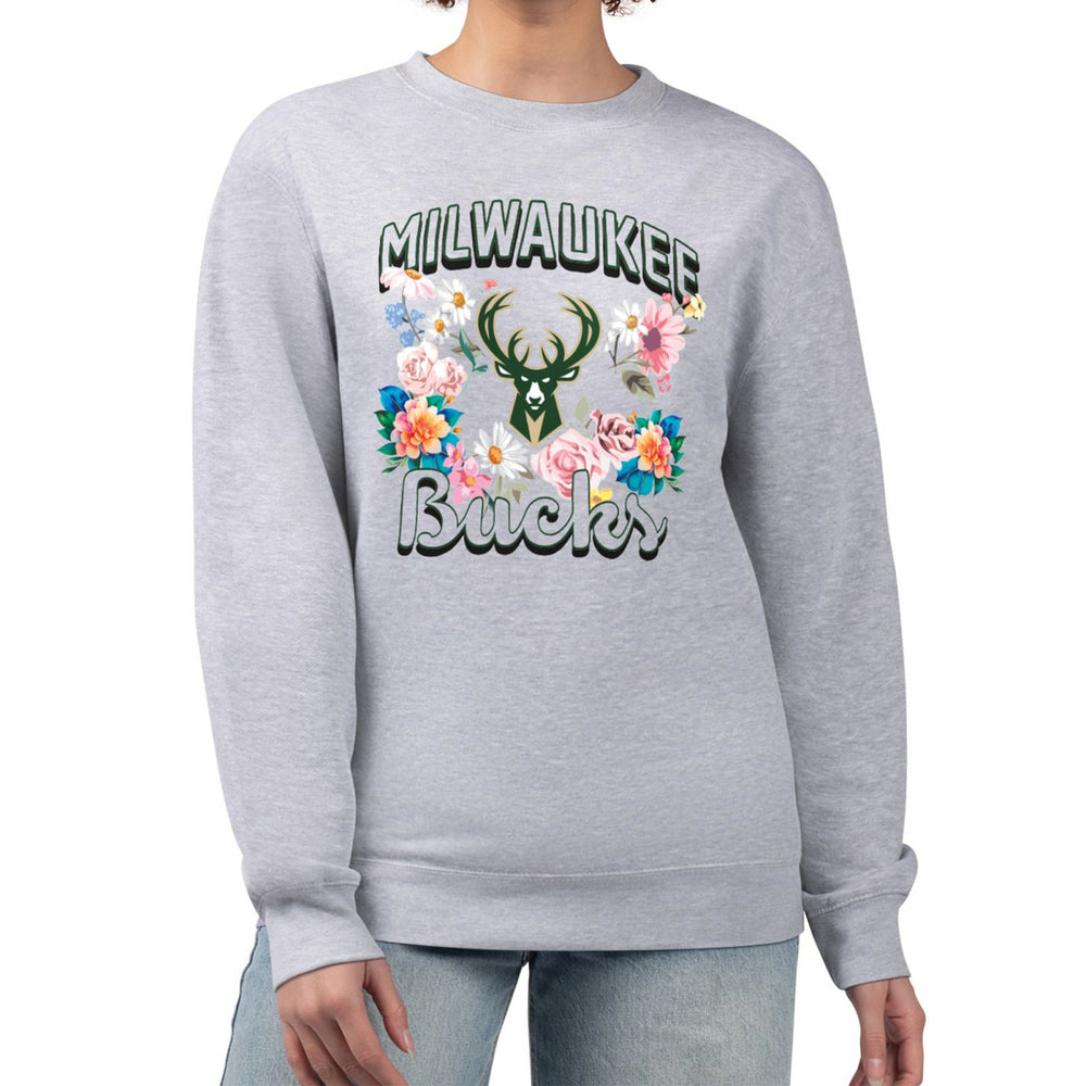 Milwaukee Bucks G-III 4Her by Carl Banks Women's Flowers Team Logo Graphic Fleece Crewneck Pullover Sweatshirt Heather Gray - NBA