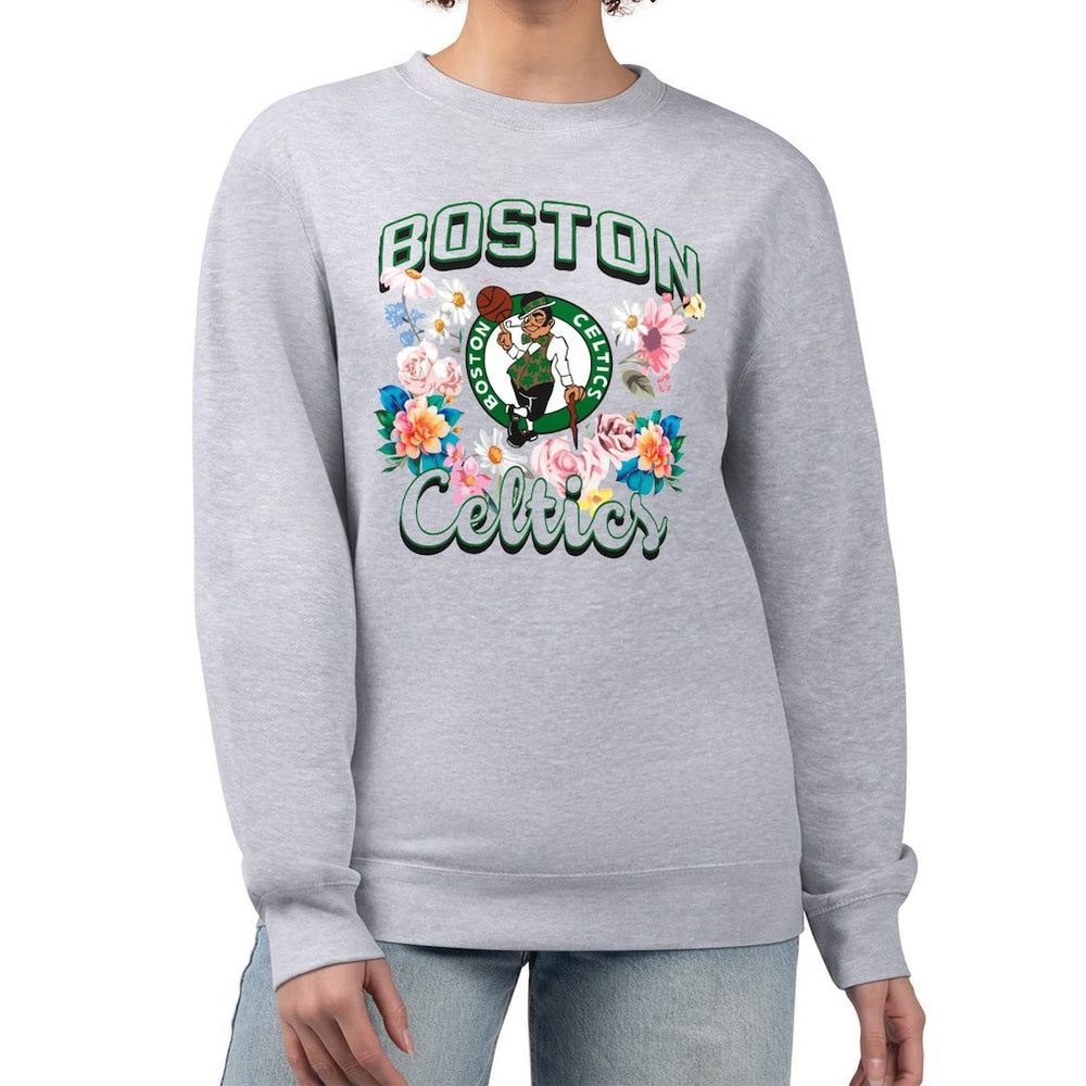 Boston Celtics G-III 4Her by Carl Banks Women's Flowers Team Logo Graphic Fleece Crewneck Pullover Sweatshirt Heather Gray - NBA