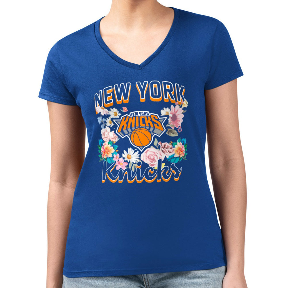 New York Knicks G-III 4Her by Carl Banks Women's Super-Slim Fit Lightweight Flowers Team Logo Graphic V-Neck T-Shirt Blue - NBA