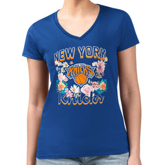 New York Knicks G-III 4Her by Carl Banks Women's Super-Slim Fit Lightweight Flowers Team Logo Graphic V-Neck T-Shirt Blue - NBA