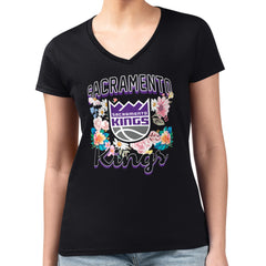 Sacramento Kings G-III 4Her by Carl Banks Women's Super-Slim Fit Lightweight Flowers Team Logo Graphic V-Neck T-Shirt Black - NBA