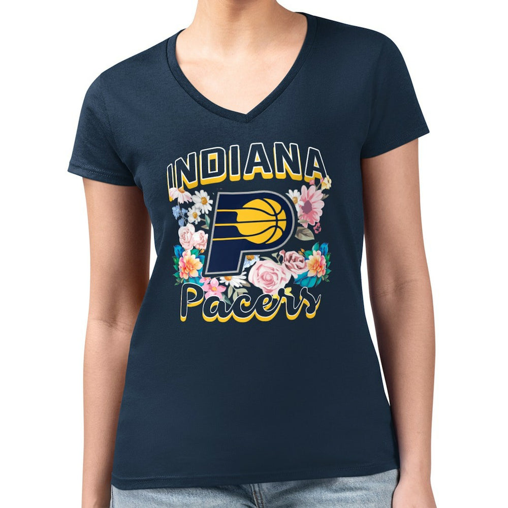 Indiana Pacers G-III 4Her by Carl Banks Women's Super-Slim Fit Lightweight Flowers Team Logo Graphic V-Neck T-Shirt Navy - NBA
