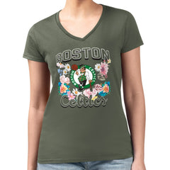 Boston Celtics G-III 4Her by Carl Banks Women's Super-Slim Fit Lightweight Flowers Team Logo Graphic V-Neck T-Shirt Olive - NBA