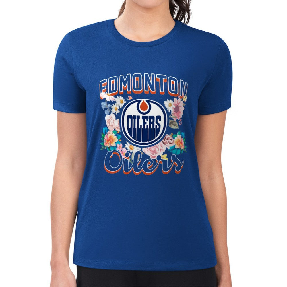 Edmonton Oilers G-III 4Her by Carl Banks Women's Super-Slim Fit Lightweight Flower Logo T-Shirt - Royal - NHL
