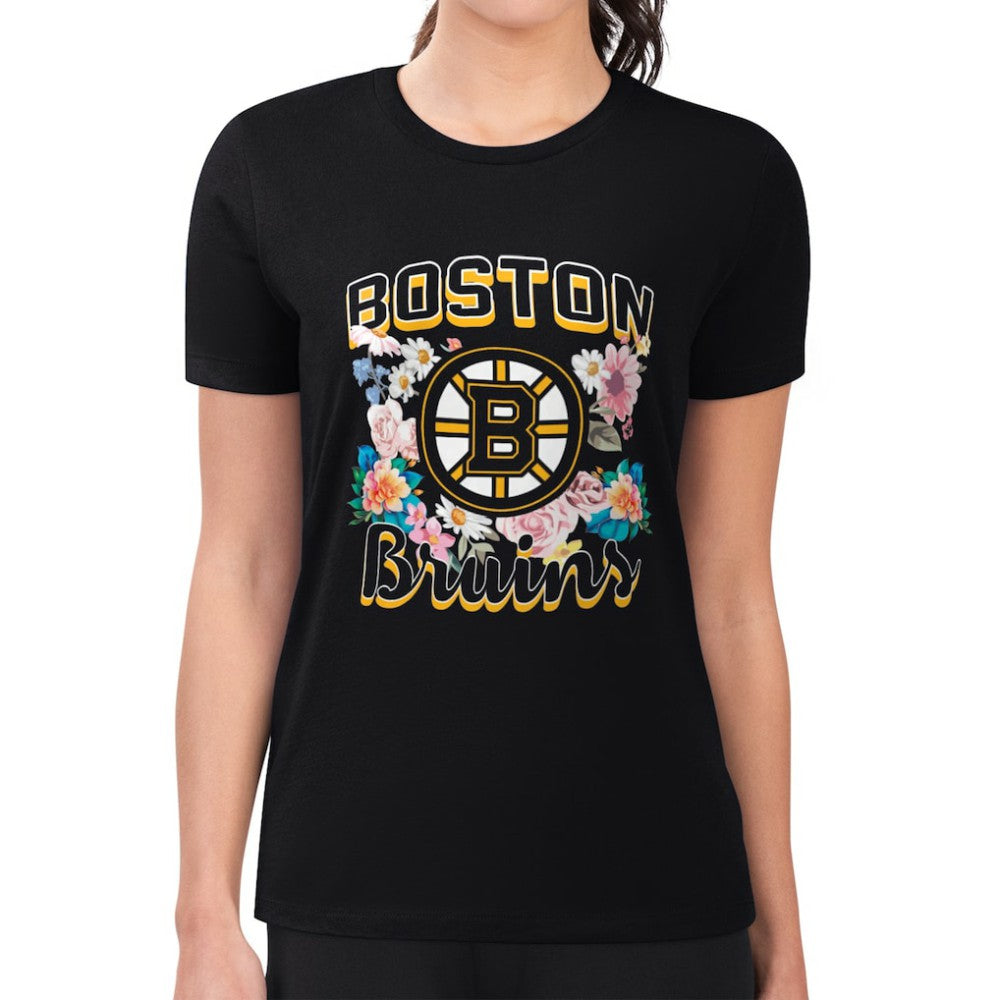 Boston Bruins G-III 4Her by Carl Banks Women's Super-Slim Fit Lightweight Flower Logo T-Shirt - Black - NHL