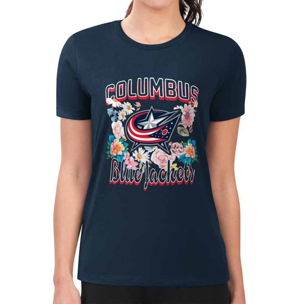 Columbus Blue Jackets G-III 4Her by Carl Banks Women's Super-Slim Fit Lightweight Flower Logo T-Shirt - Navy - NHL