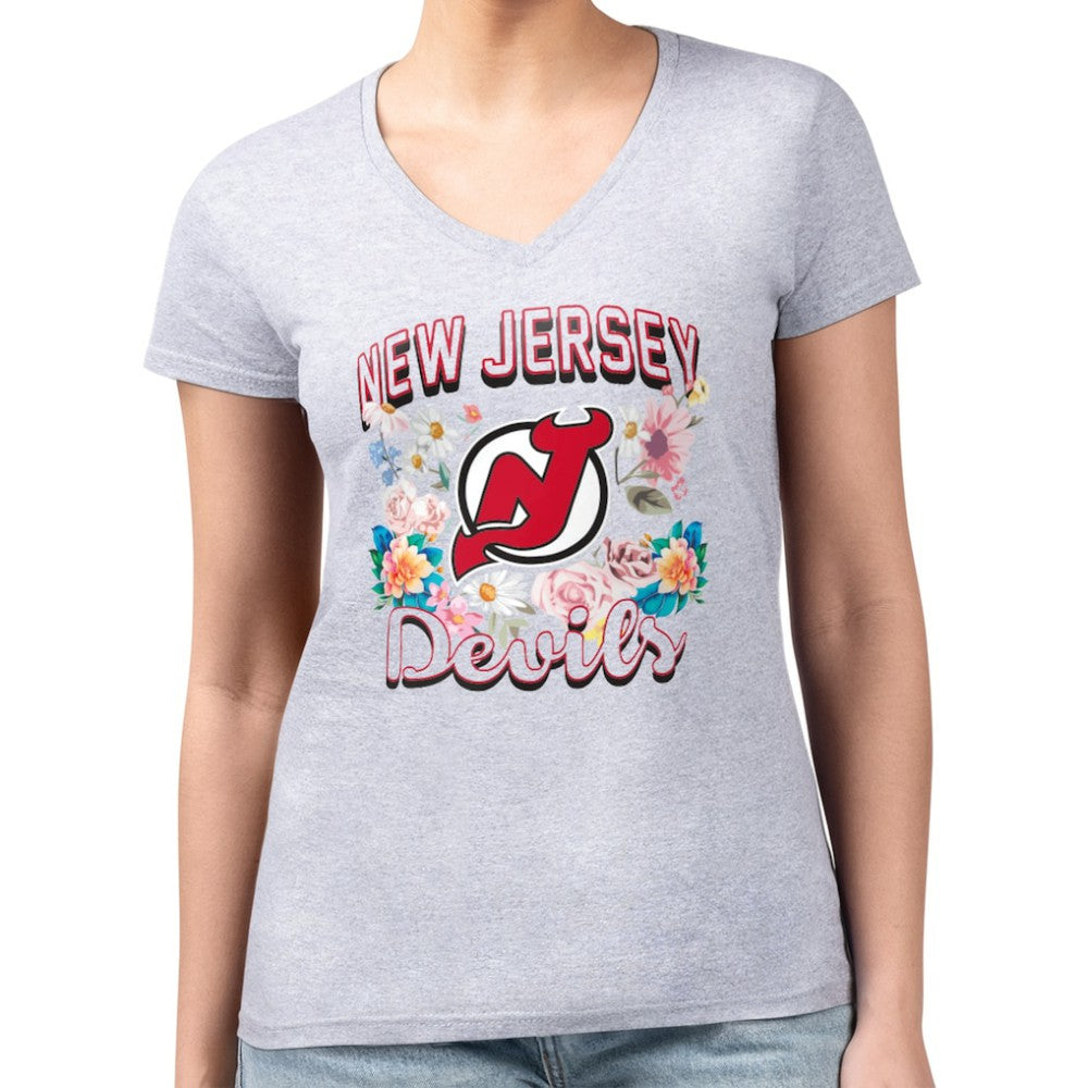 New Jersey Devils G-III 4Her by Carl Banks Women's Super-Slim Fit Lightweight Flower Logo V-Neck T-Shirt - Heather Gray - NHL