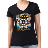 Boston Bruins G-III 4Her by Carl Banks Women's Super-Slim Fit Lightweight Flower Logo V-Neck T-Shirt - Black - NHL