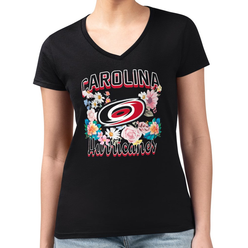 Carolina Hurricanes G-III 4Her by Carl Banks Women's Super-Slim Fit Lightweight Flower Logo V-Neck T-Shirt - Black - NHL