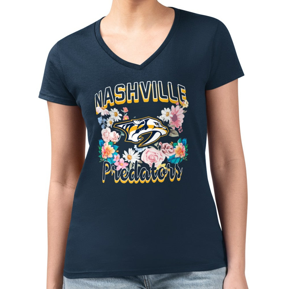 Nashville Predators G-III 4Her by Carl Banks Women's Super-Slim Fit Lightweight Flower Logo V-Neck T-Shirt - Navy - NHL