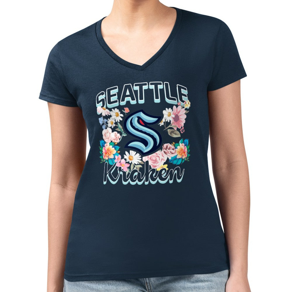 Seattle Kraken G-III 4Her by Carl Banks Women's Super-Slim Fit Lightweight Flower Logo V-Neck T-Shirt - Navy - NHL