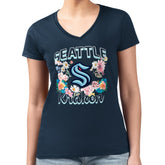 Seattle Kraken G-III 4Her by Carl Banks Women's Super-Slim Fit Lightweight Flower Logo V-Neck T-Shirt - Navy - NHL