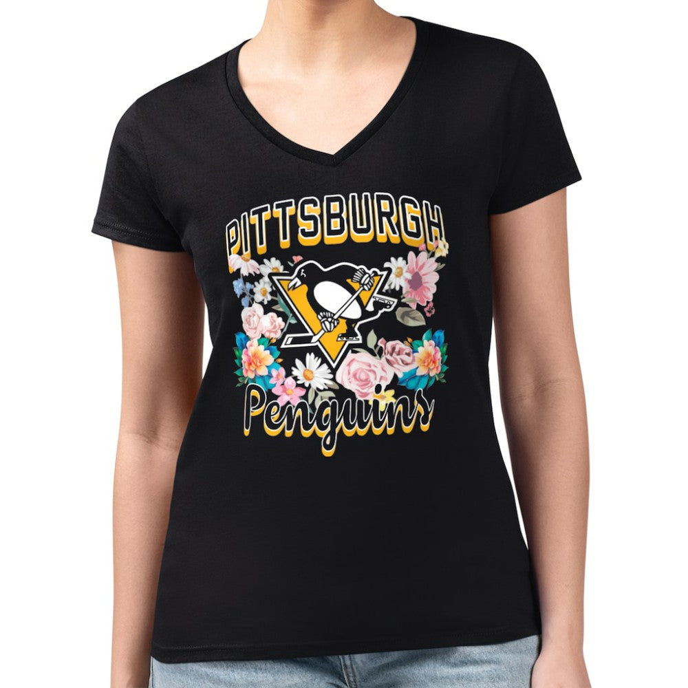 Pittsburgh Penguins G-III 4Her by Carl Banks Women's Super-Slim Fit Lightweight Flower Logo V-Neck T-Shirt - Black - NHL