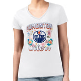 Edmonton Oilers G-III 4Her by Carl Banks Women's Super-Slim Fit Lightweight Flower Logo V-Neck T-Shirt - White - NHL