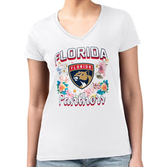 Florida Panthers G-III 4Her by Carl Banks Women's Super-Slim Fit Lightweight Flower Logo V-Neck T-Shirt - White - NHL