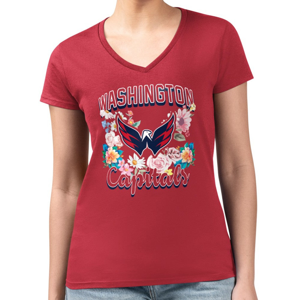 Washington Capitals G-III 4Her by Carl Banks Women's Super-Slim Fit Lightweight Flower Logo V-Neck T-Shirt - Red - NHL