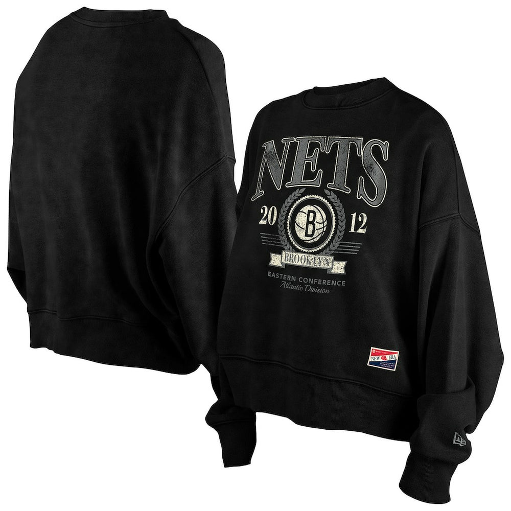 Brooklyn Nets Women's Throwback Vintage Enzyme Wash Oversized Boxy Pullover Sweatshirt Black - NBA