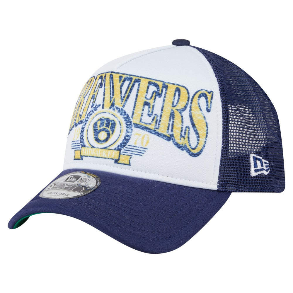 Milwaukee Brewers New Era Distressed 9FORTY A-Frame Adjustable Trucker Hat - MLB