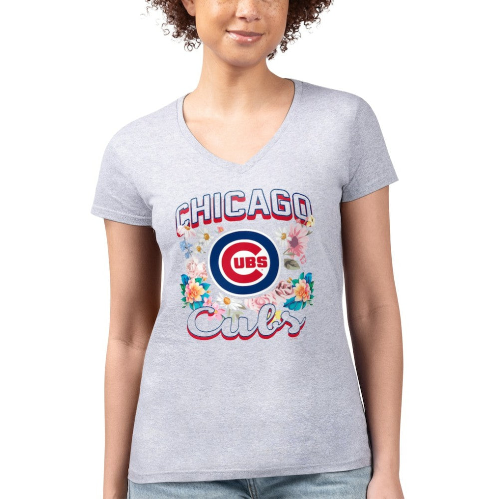 Chicago Cubs G-III 4Her by Carl Banks Women's Super-Slim Fit Lightweight Flowers Graphic V-Neck T-Shirt - MLB