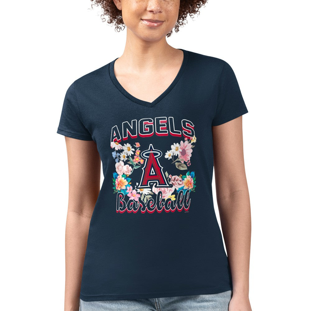 Los Angeles Angels G-III 4Her by Carl Banks Women's Super-Slim Fit Lightweight Flowers Graphic V-Neck T-Shirt - MLB