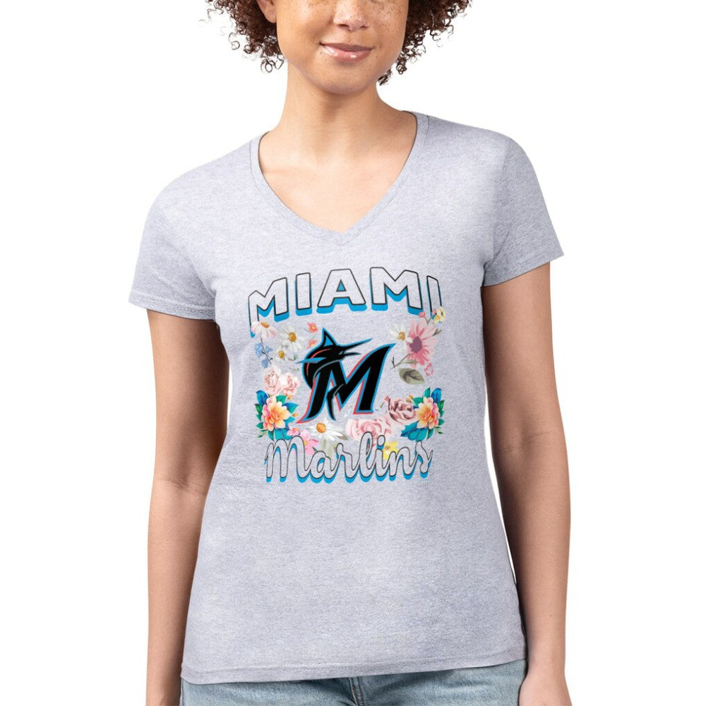 Miami Marlins G-III 4Her by Carl Banks Women's Super-Slim Fit Lightweight Flowers Graphic V-Neck T-Shirt - MLB