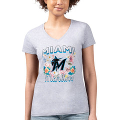 Miami Marlins G-III 4Her by Carl Banks Women's Super-Slim Fit Lightweight Flowers Graphic V-Neck T-Shirt - MLB