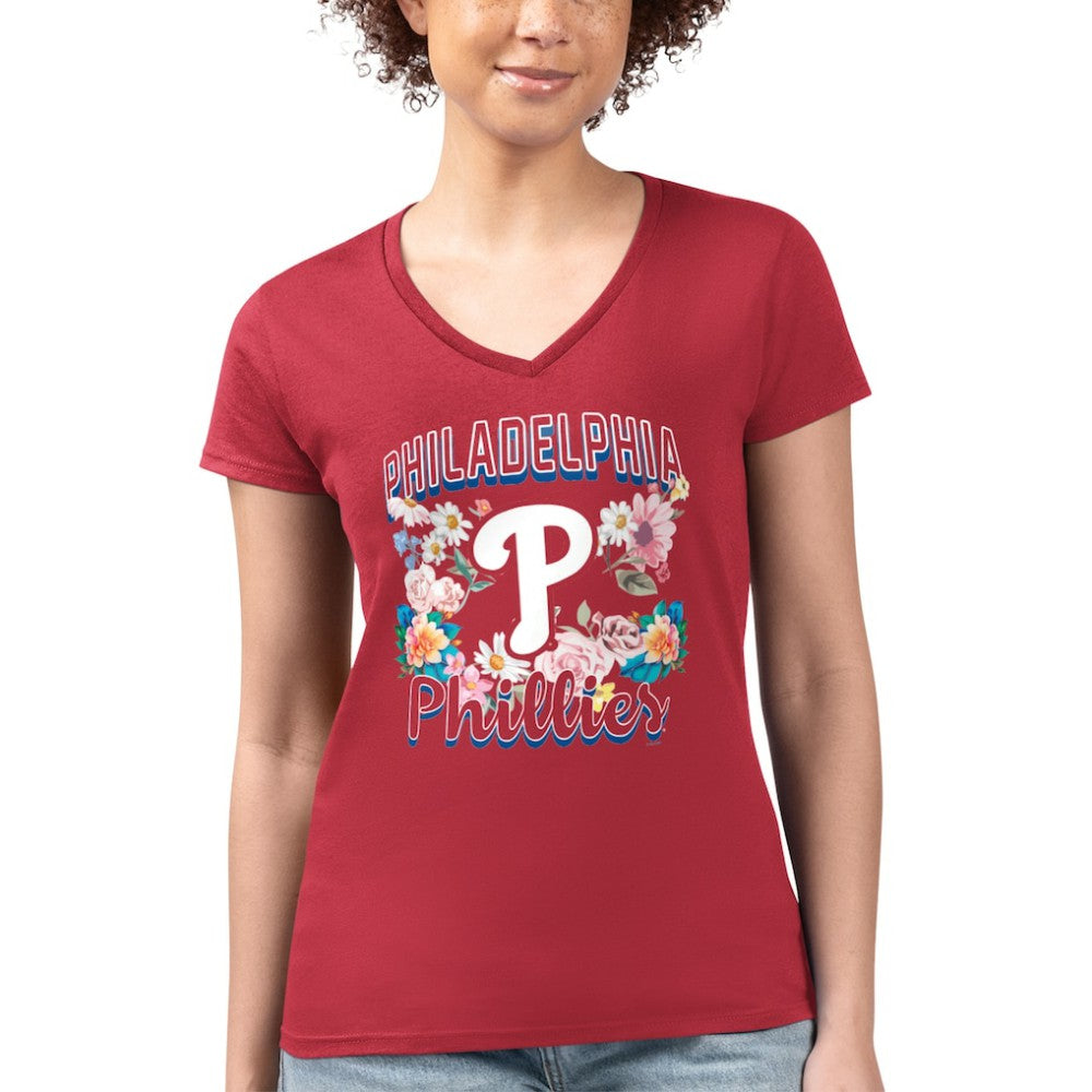 Philadelphia Phillies G-III 4Her by Carl Banks Women's Super-Slim Fit Lightweight Flowers Graphic V-Neck T-Shirt - MLB