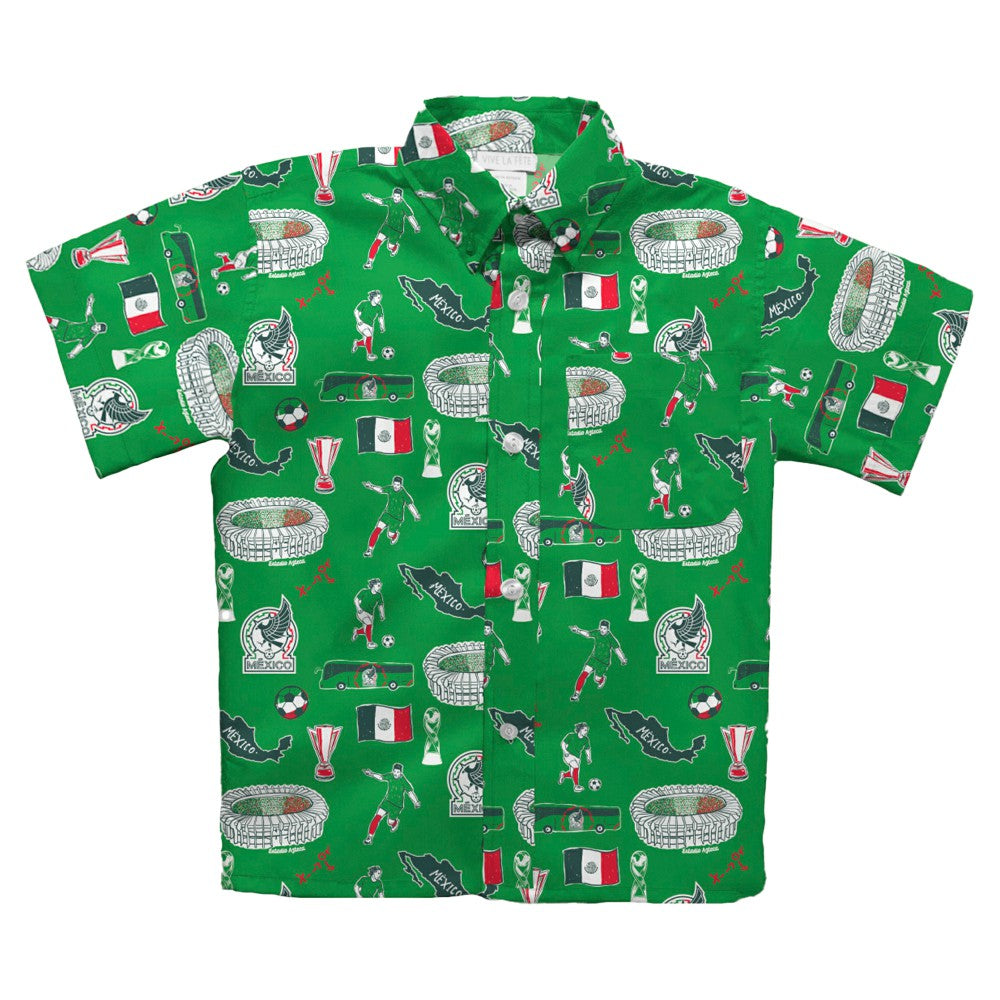 Mexico National Team Vive La Fete Youth Impressions Artwork Button-Up Shirt Green - FIFA World CUP