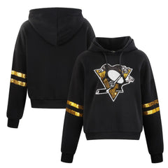 Pittsburgh Penguins Cuce Women's Sequin Cropped Pullover Hoodie - Black - NHL