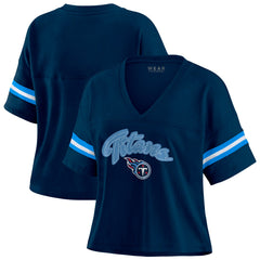 Tennessee Titans WEAR by Erin Andrews Women's Plus Size Color Block Boxy T-Shirt Navy/White | NFL