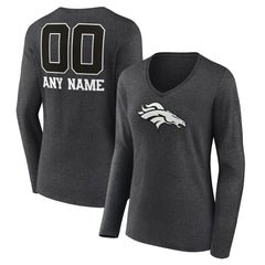 Denver Broncos Women's Personalized Name & Number Monochrome V-neck T-Shirt Charcoal | NFL