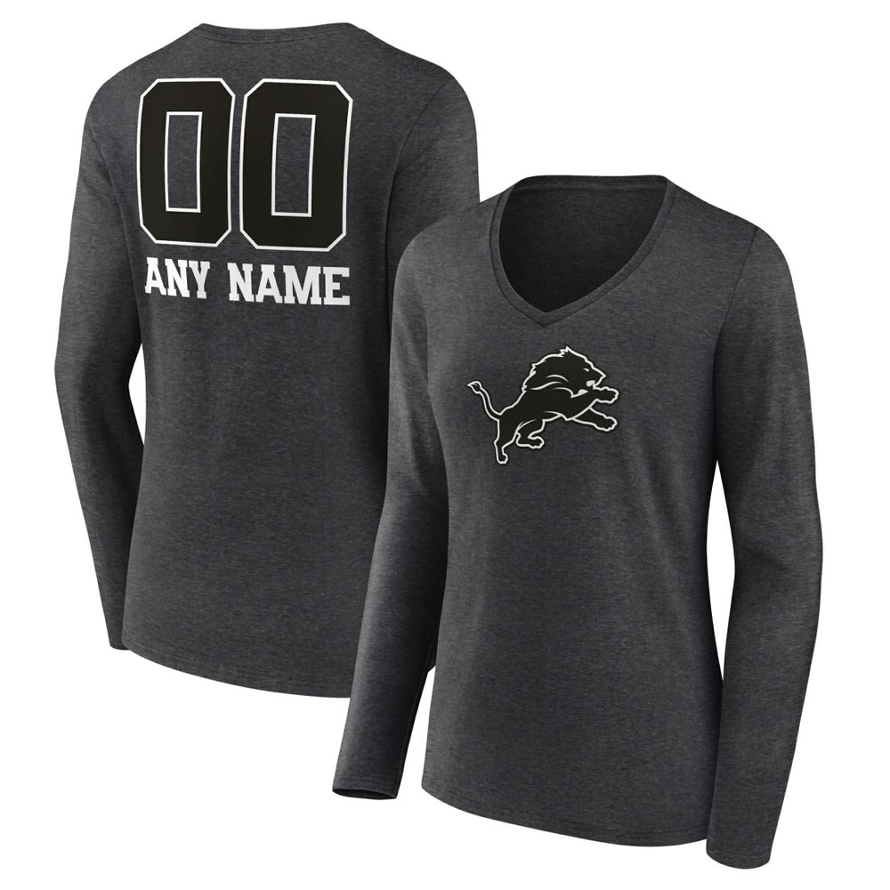 Detroit Lions Women's Personalized Name & Number Monochrome V-neck T-Shirt Charcoal | NFL
