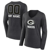 Green Bay Packers Women's Personalized Name & Number Monochrome V-neck T-Shirt Charcoal | NFL