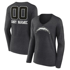Los Angeles Chargers Women's Personalized Name & Number Monochrome V-neck T-Shirt Charcoal | NFL