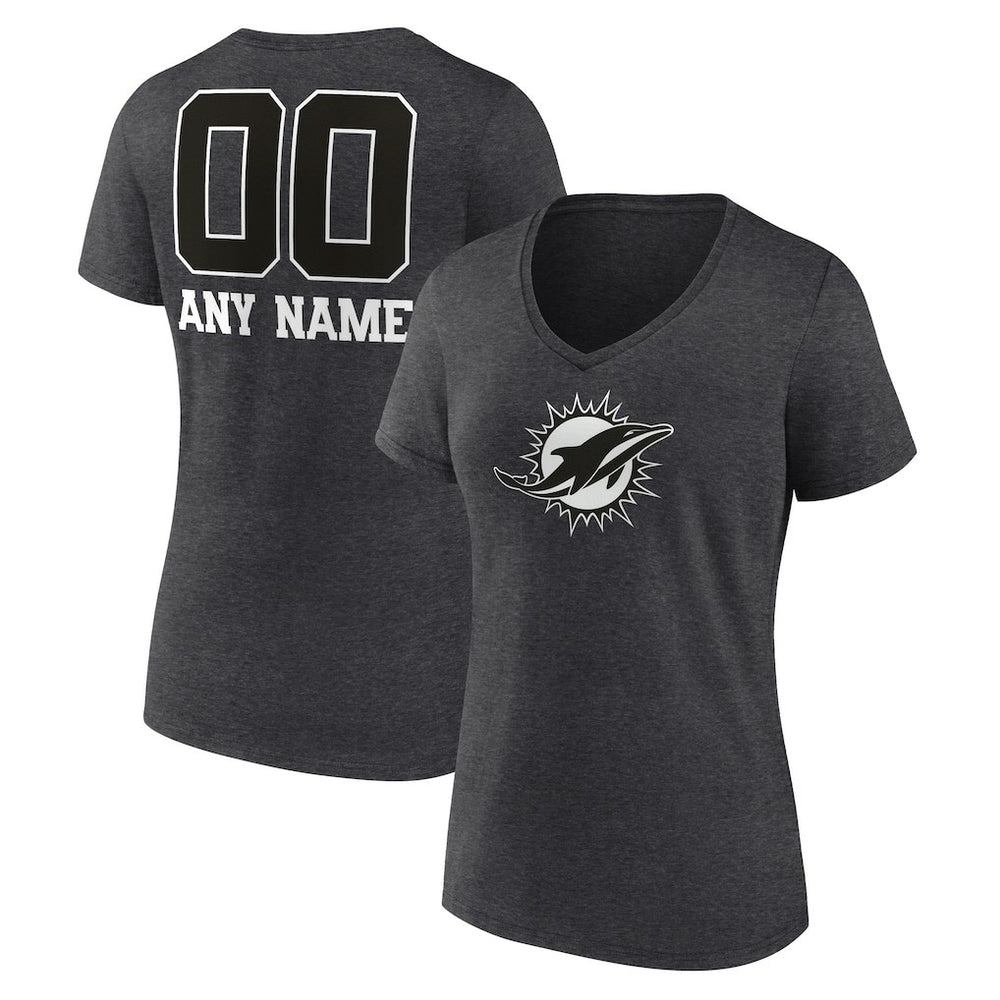 Miami Dolphins Women's Personalized Name & Number Monochrome V-Neck Long Sleeve T-Shirt Charcoal | NFL