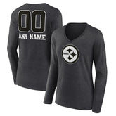 Pittsburgh Steelers Women's Personalized Name & Number Monochrome V-neck T-Shirt Charcoal | NFL