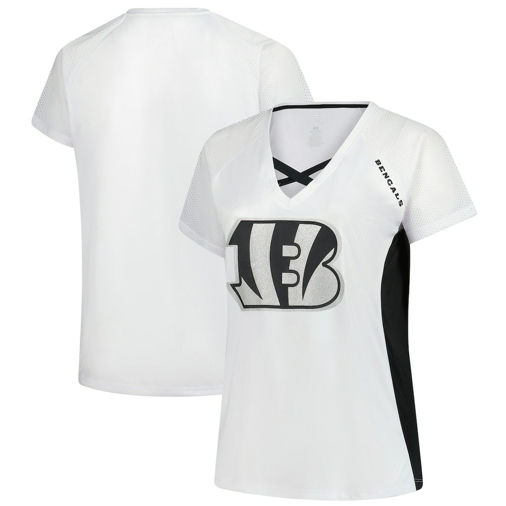 Cincinnati Bengals Women's Plus Size Glitter Lace-Up V- Neck T-Shirt White | Fanatics