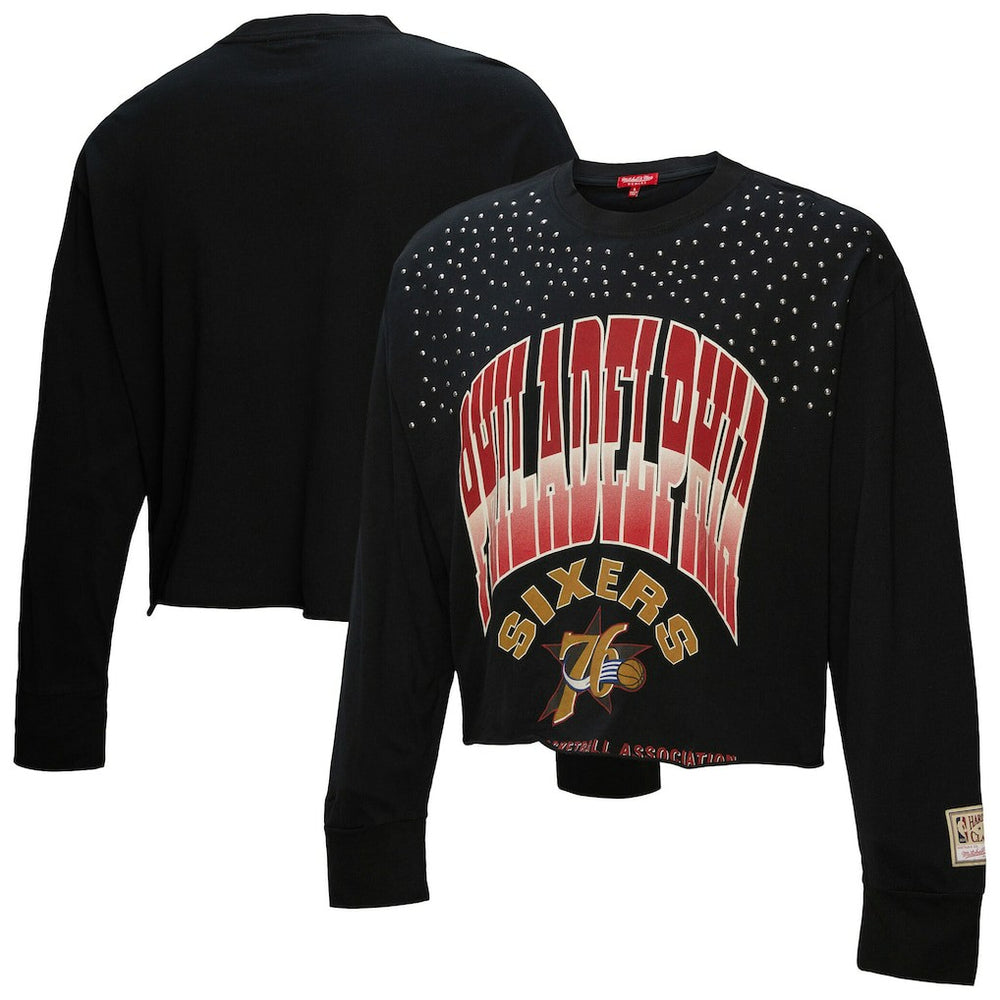 Philadelphia 76ers Women's Hardwood Classics Studded Boxy Cropped Long Sleeve T-Shirt Black - NBA