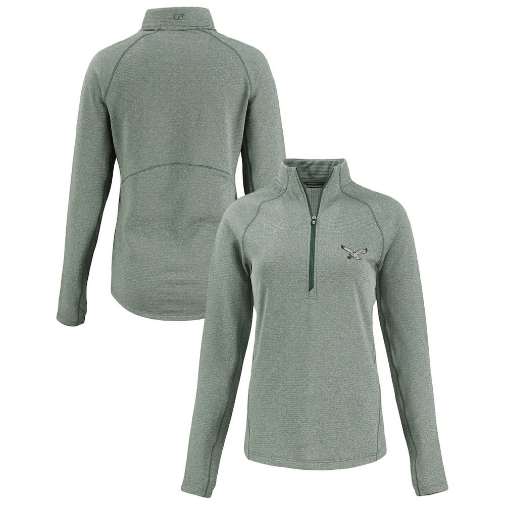 Philadelphia Eagles Cutter & Buck Women's Peshastin Eco Fleece Recycled Tri-Blend Raglan Half-Zip Jacket Heather Kelly Green | NFL