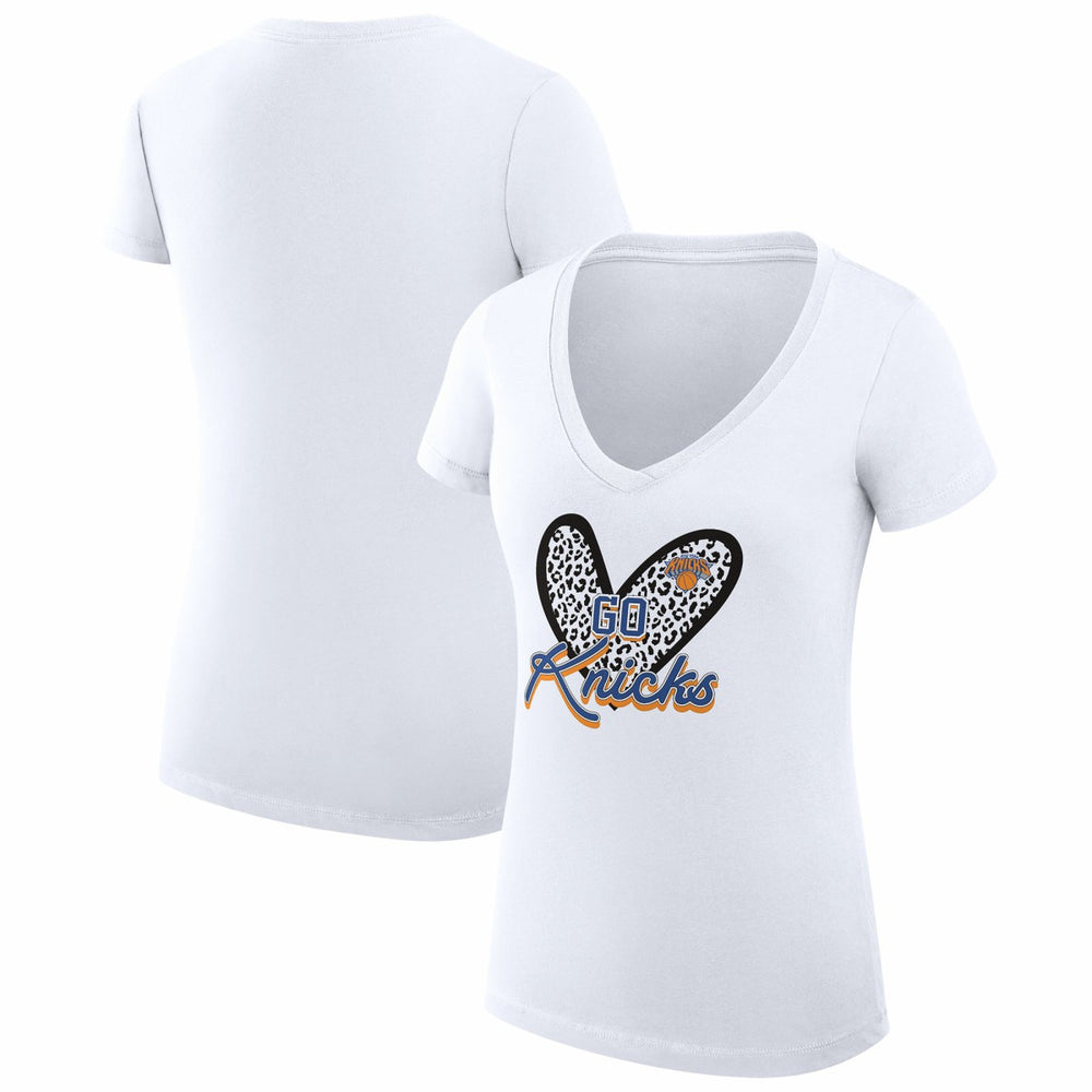 New York Knicks G-III 4Her by Carl Banks Women's Super-Slim Fit Lightweight Leopard Heart V-Neck T-Shirt White - NBA