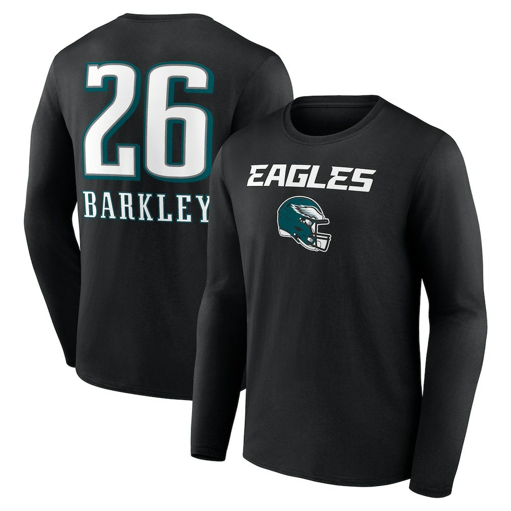 Saquon Barkley Philadelphia Eagles Name & Number Team Wordmark Long Sleeve T-Shirt Black | NFL