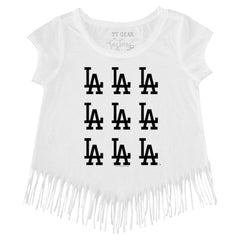 Los Angeles Dodgers Tiny Turnip Girls Youth Logo Grid Fringe T-Shirt - MLB